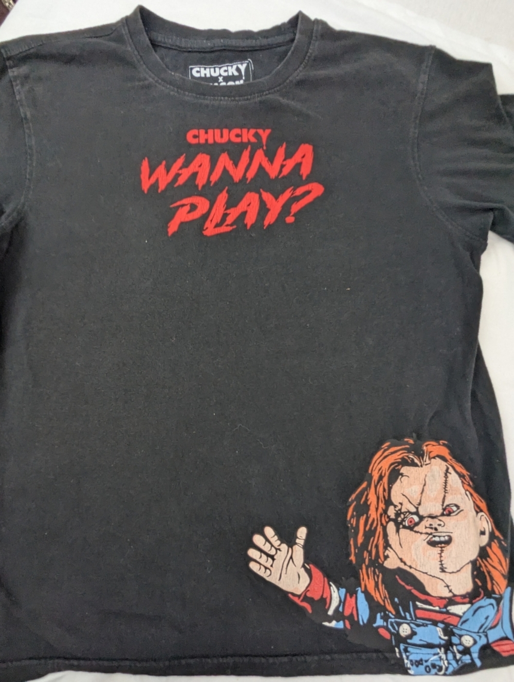 Chucky Wanna Play? Horror Graphic Tee — Black with Red and Orange Print Large